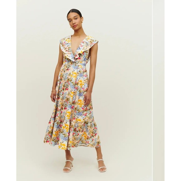 Reformation Dresses & Skirts - Reformation Reina Floral Ruffle V-Neck Open Back Midi Dress Multi-Color Size 2